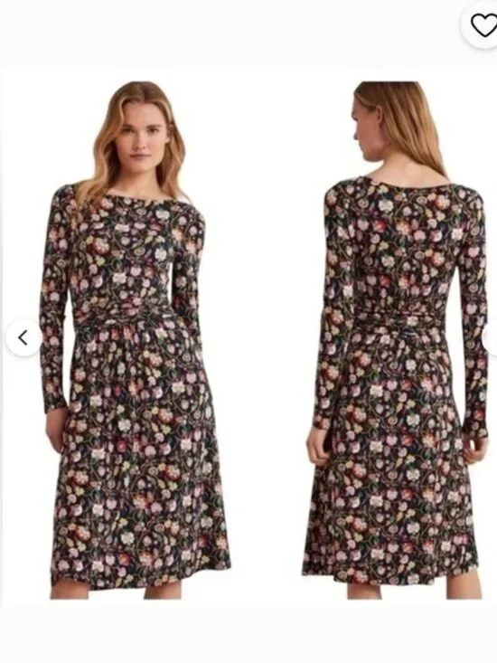 Boden Abigail Jersey Midi Dress Navy Floral Ruched Waist Size 8 Elegant - Picture 11 of 13